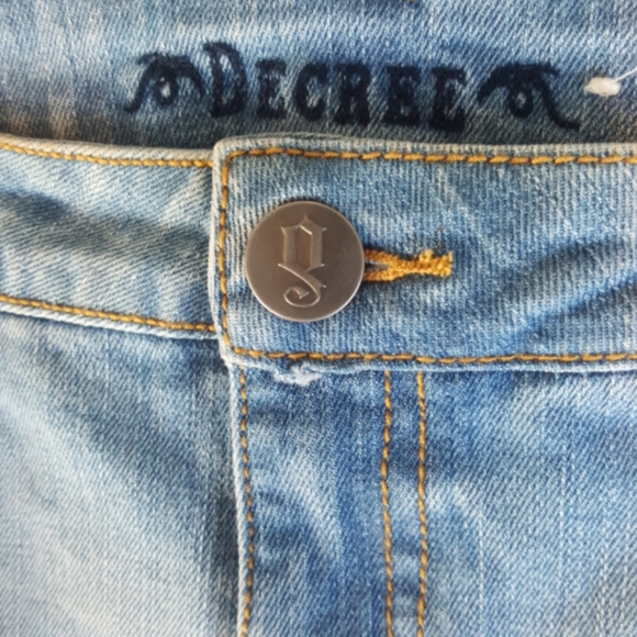 DECREE ♡ Sweet 'n Sexy Distressed Gold Thread Zip Pockets Blue Jean Mini Skirt 3 - Picture 11 of 15